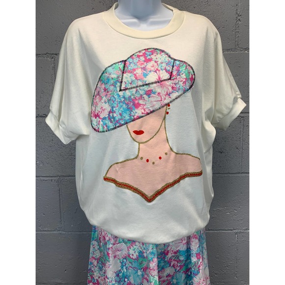 80s 2 piece Pastel Floral Skirt Statement Piece Appliqué New Wave Barbiecore B1 - Picture 8 of 10